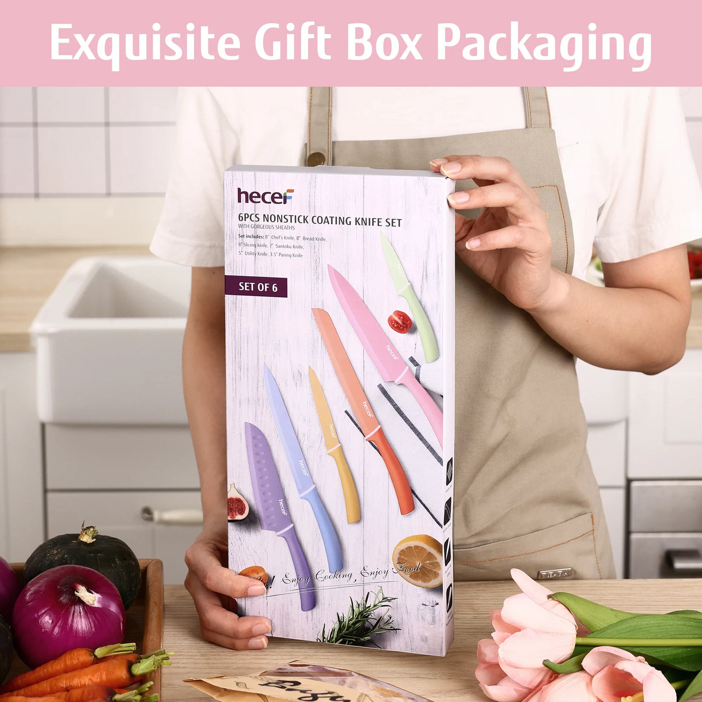 6-Piece Kitchen Knife Set, Colorful Coated Stainless Steel Sharp Cooking Knives, Dishwasher Safe, for Chopping, Slicing and Everyday Food Preparation
