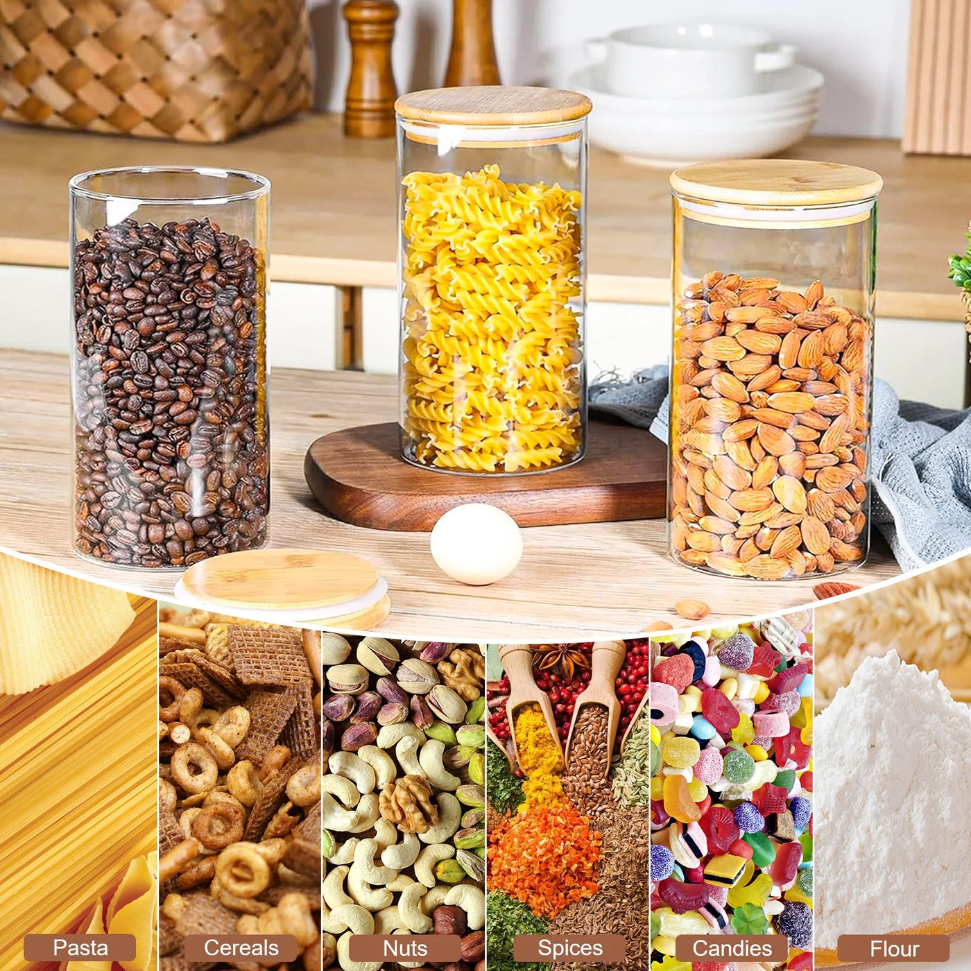 Glass Jar with Bamboo Lid: 6-Pack 25oz Airtight Food Storage Containers, Kitchen and Pantry Organizer for Coffee, Sugar, Flour, Candy, Pasta, Cereal