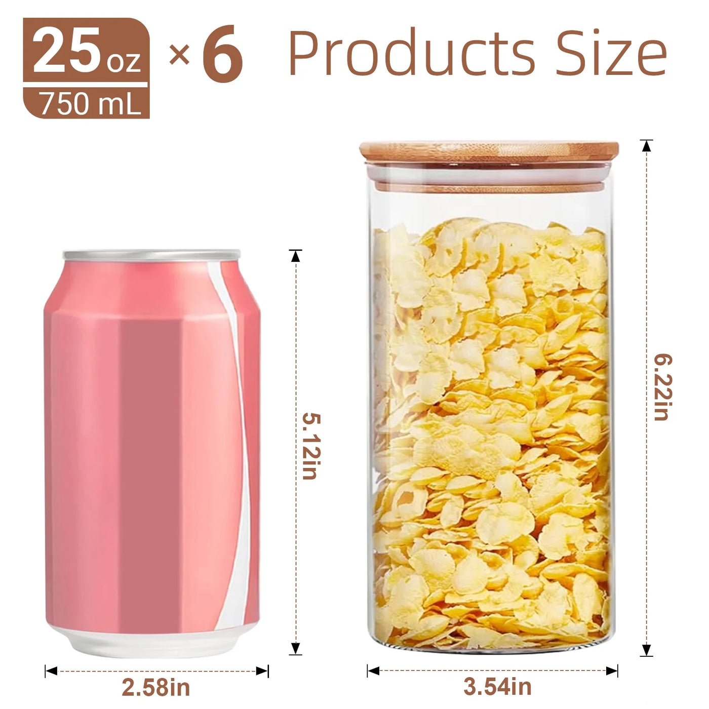 Glass Jar with Bamboo Lid: 6-Pack 25oz Airtight Food Storage Containers, Kitchen and Pantry Organizer for Coffee, Sugar, Flour, Candy, Pasta, Cereal