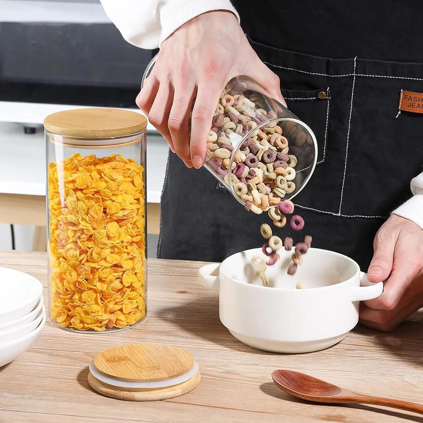 Glass Jar with Bamboo Lid: 6-Pack 25oz Airtight Food Storage Containers, Kitchen and Pantry Organizer for Coffee, Sugar, Flour, Candy, Pasta, Cereal