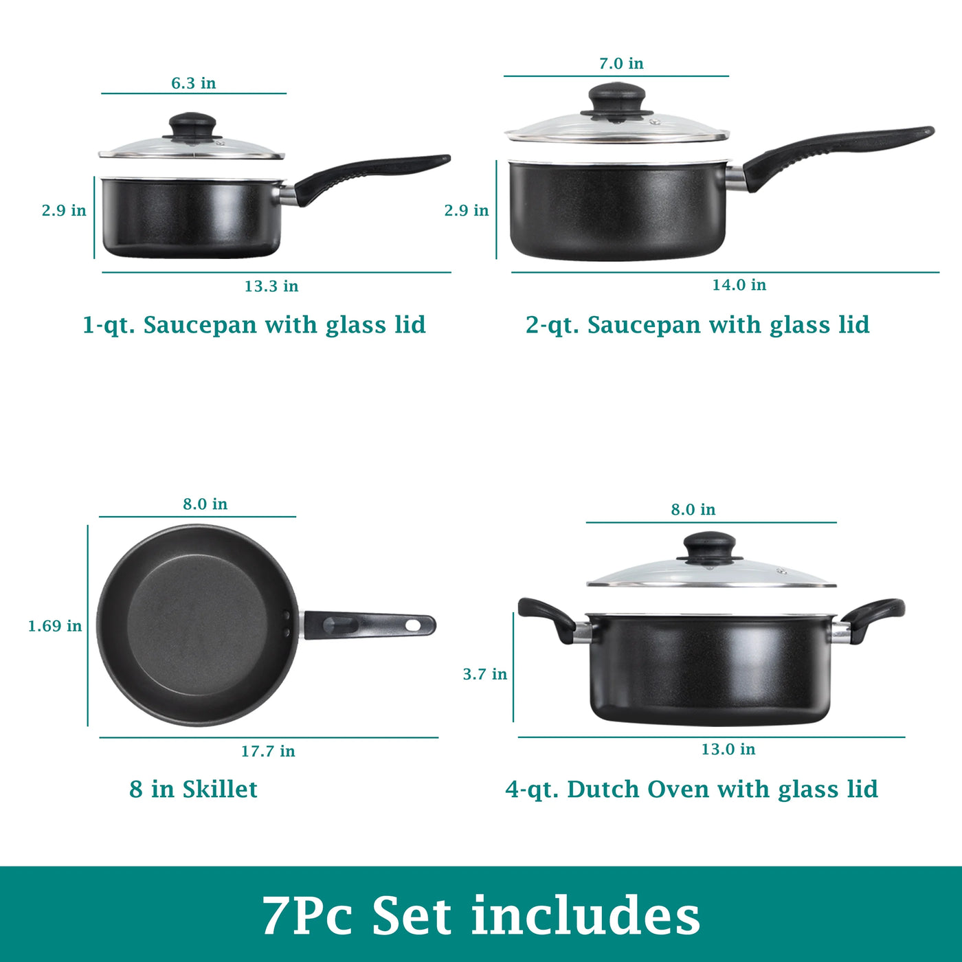7-Piece Nonstick Aluminium, Pots and Pans Cookware Set, Black, for Frying, Boiling and Everyday Home Cooking