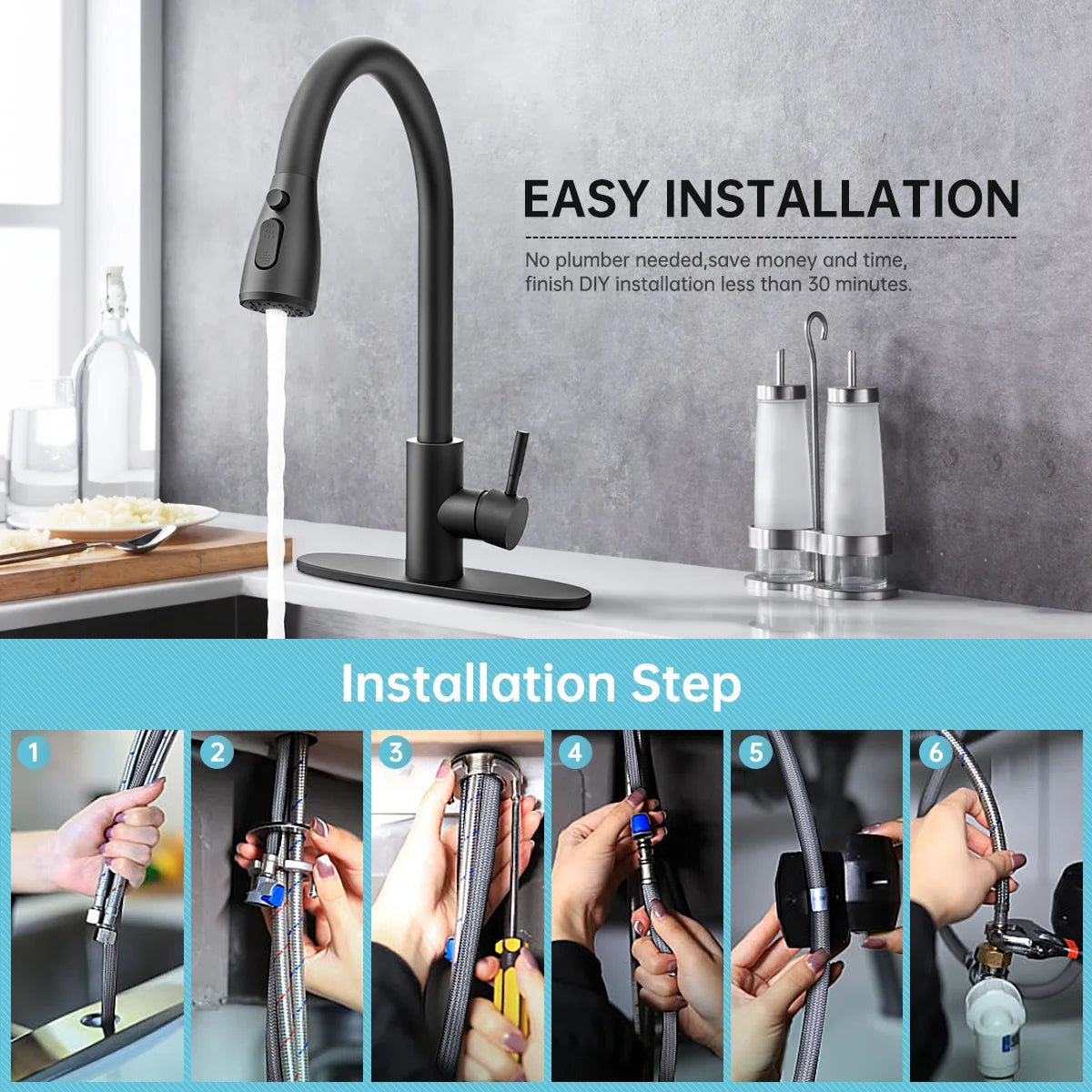 Kitchen Sink Faucets with Pull Down Sprayer, High Arc Single Handle with Water Lines, for Kitchen Sink, Home, Bar and Utility Use