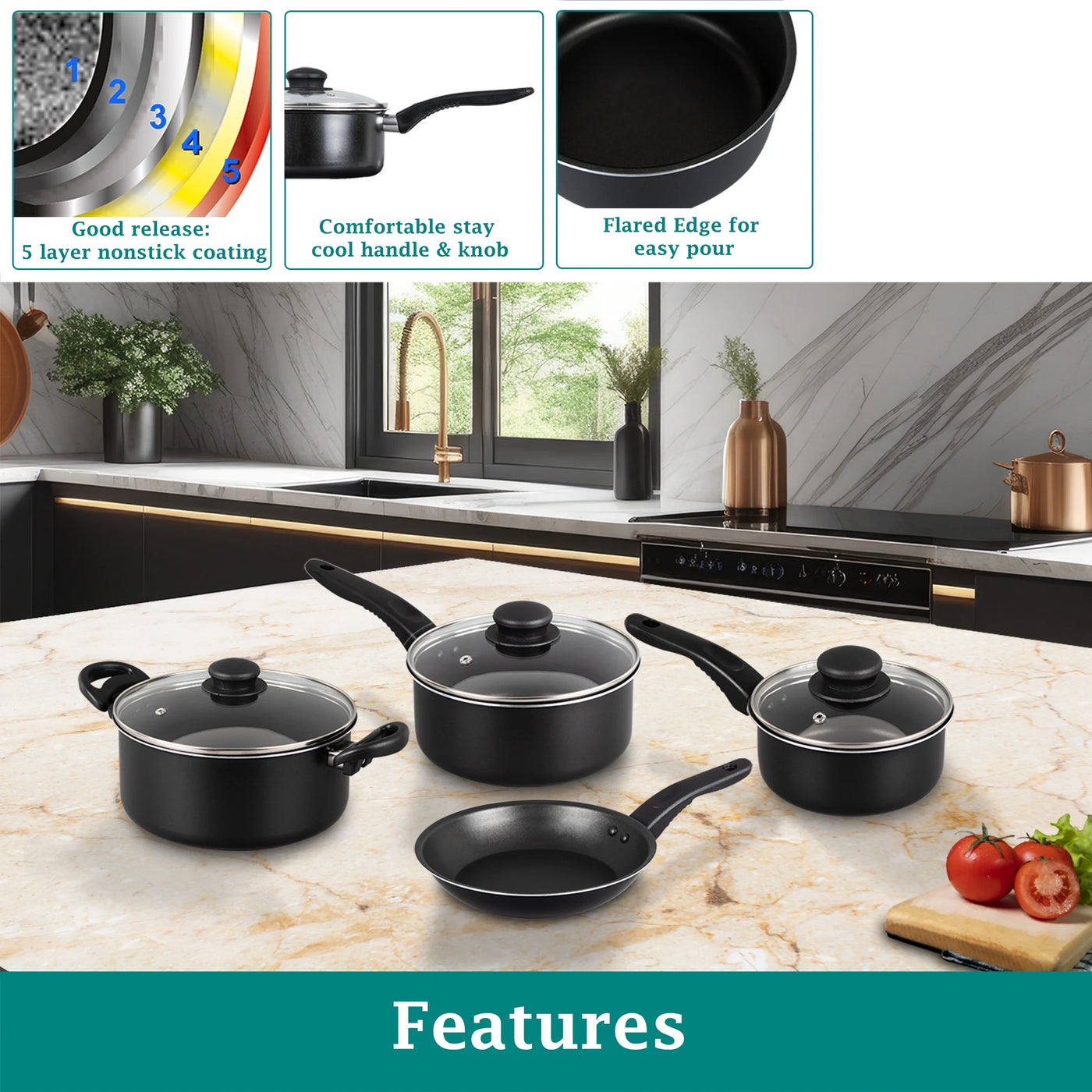 7-Piece Nonstick Aluminium, Pots and Pans Cookware Set, Black, for Frying, Boiling and Everyday Home Cooking