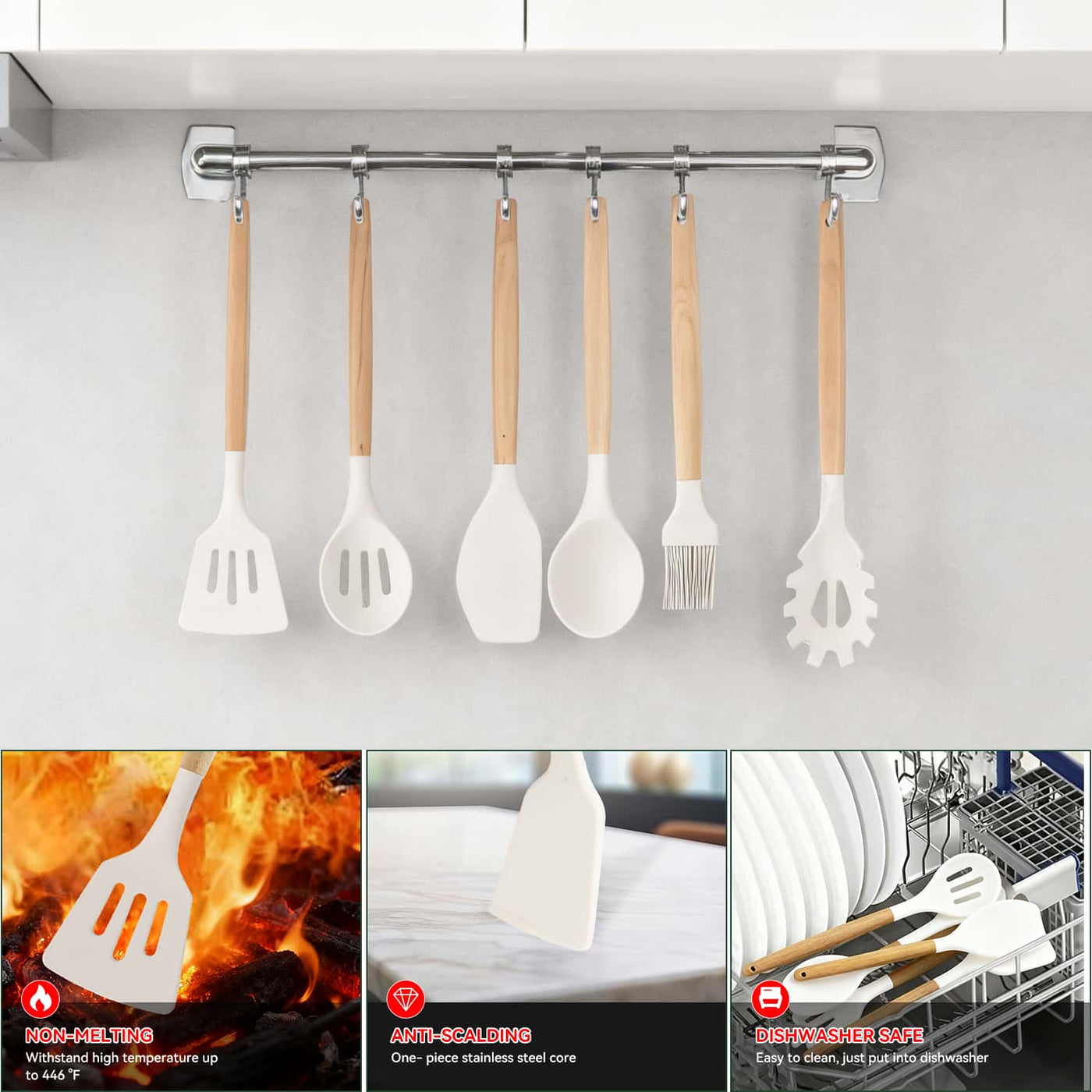 19-Piece Kitchen Utensils Set for Cooking, 11 Cooking Utensils, 6 Knife Set Beige, 3 Utensil Sets, Kitchen Utensils