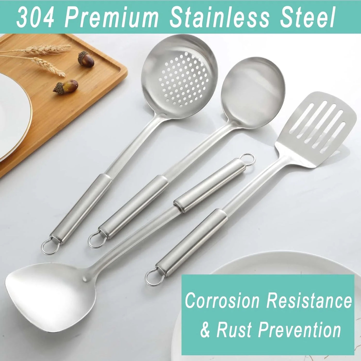 4-Piece Cooking Utensils Set, 304 Stainless Steel Kitchen Utensils, Include Wok Ladle, Slotted Spoon, Wok Spatula and Slotted Spatula, Dishwasher Safe