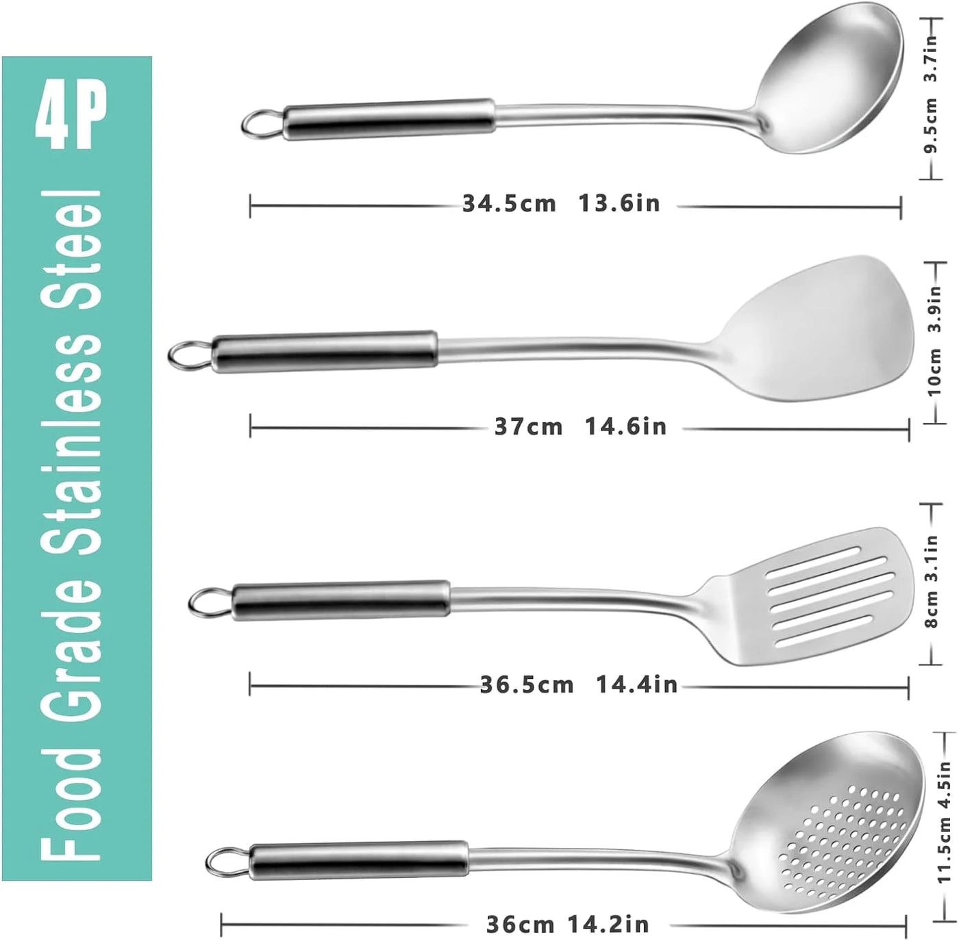 4-Piece Cooking Utensils Set, 304 Stainless Steel Kitchen Utensils, Include Wok Ladle, Slotted Spoon, Wok Spatula and Slotted Spatula, Dishwasher Safe
