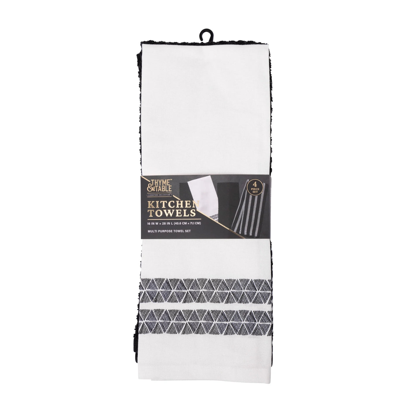 Kitchen Towels, Black and White Triangle Pattern, 4-Pack Set, for Drying Dishes, Wiping Counters and Everyday Kitchen Cleaning