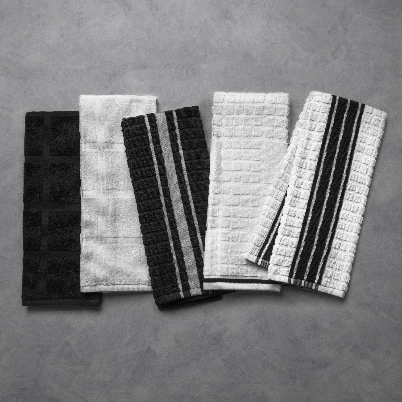 Kitchen Towels, White and Black, 5-Pack Set, for Drying Dishes, Wiping Counters and Everyday Kitchen Cleaning