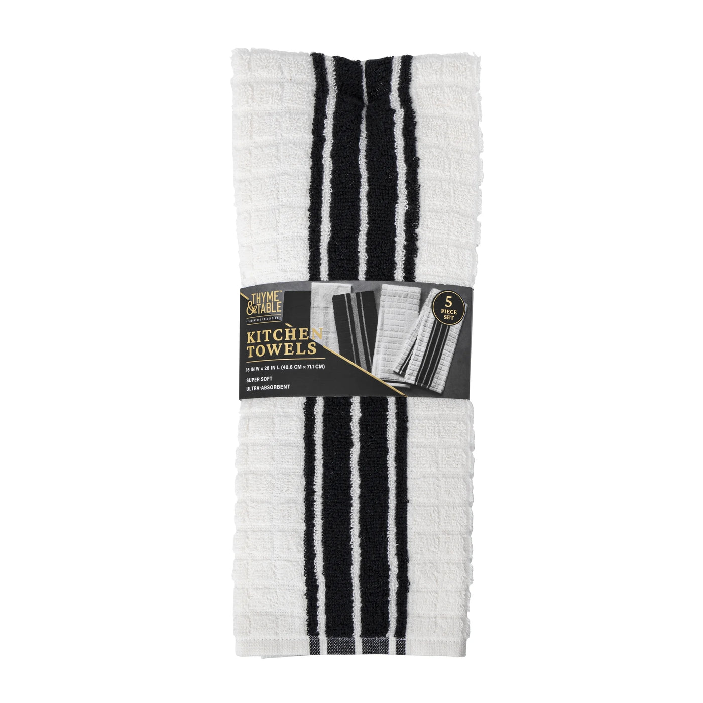 Kitchen Towels, White and Black, 5-Pack Set, for Drying Dishes, Wiping Counters and Everyday Kitchen Cleaning