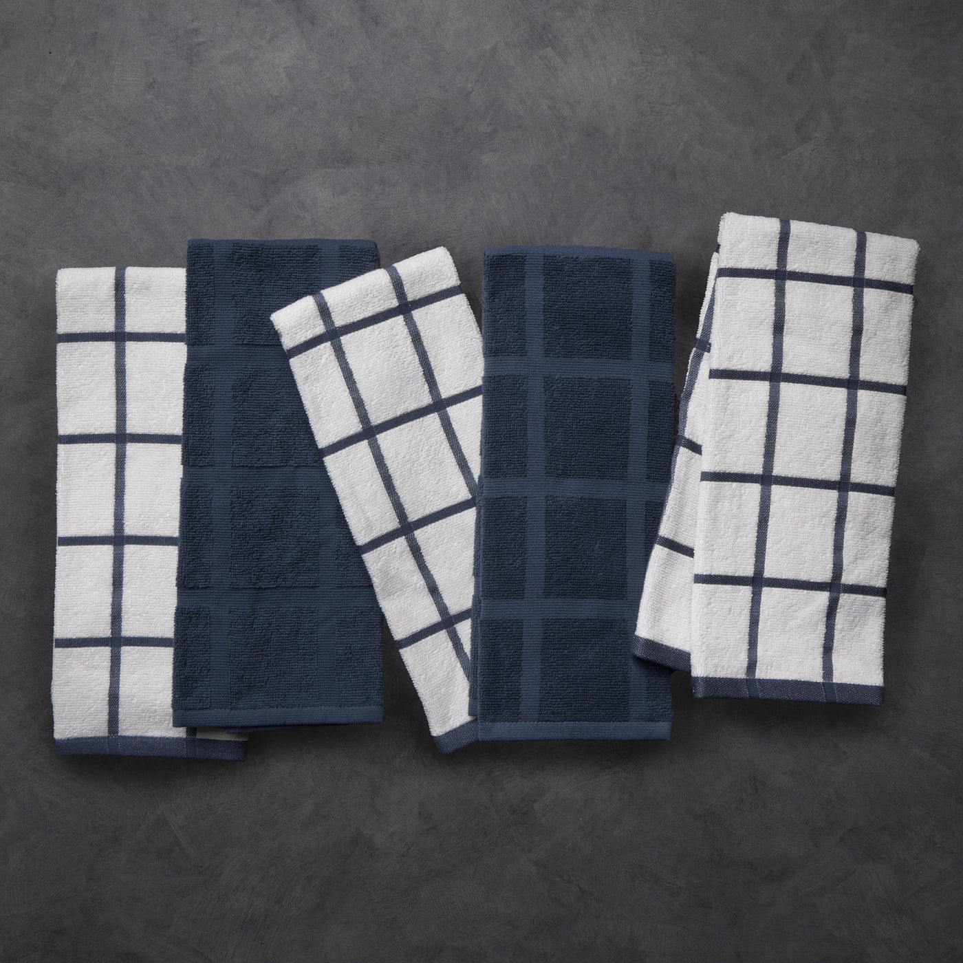 Kitchen Towels, Navy Windowpane, 5-Pack Set, for Drying Dishes, Wiping Counters and Everyday Kitchen Cleaning