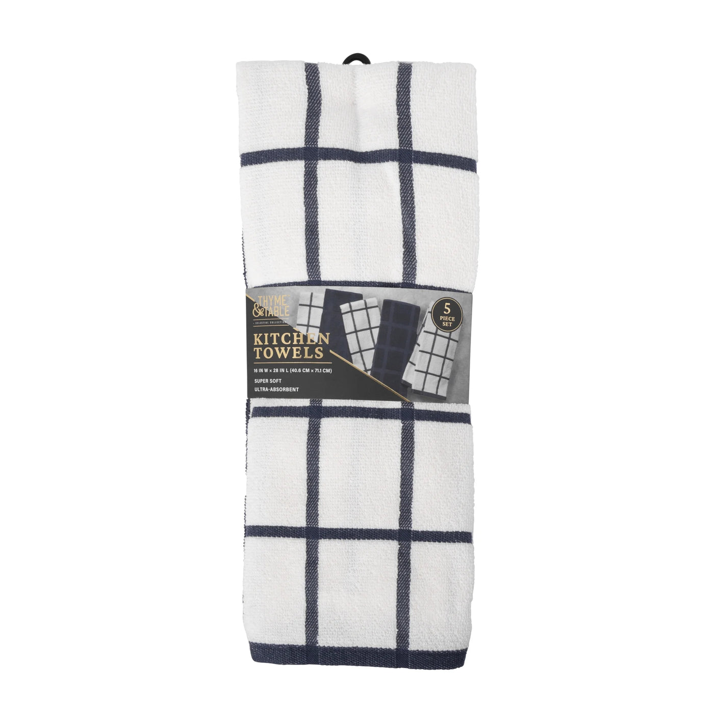 Kitchen Towels, Navy Windowpane, 5-Pack Set, for Drying Dishes, Wiping Counters and Everyday Kitchen Cleaning
