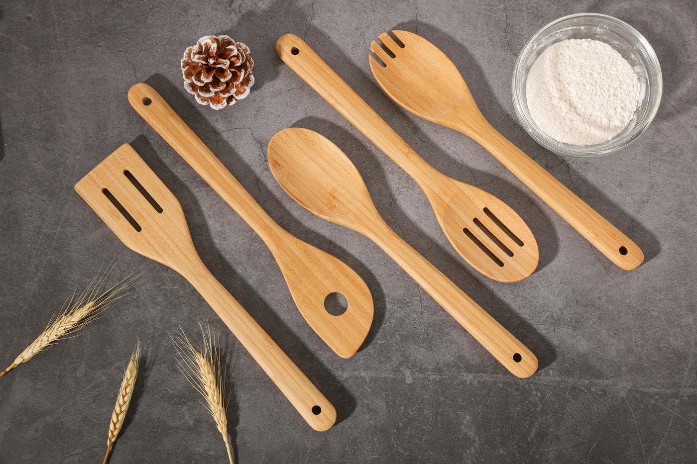5pk Bamboo Spoons for Cooking, Kitchen Essential Tools Set, for Cooking, Mixing, Serving and Nonstick Cookware