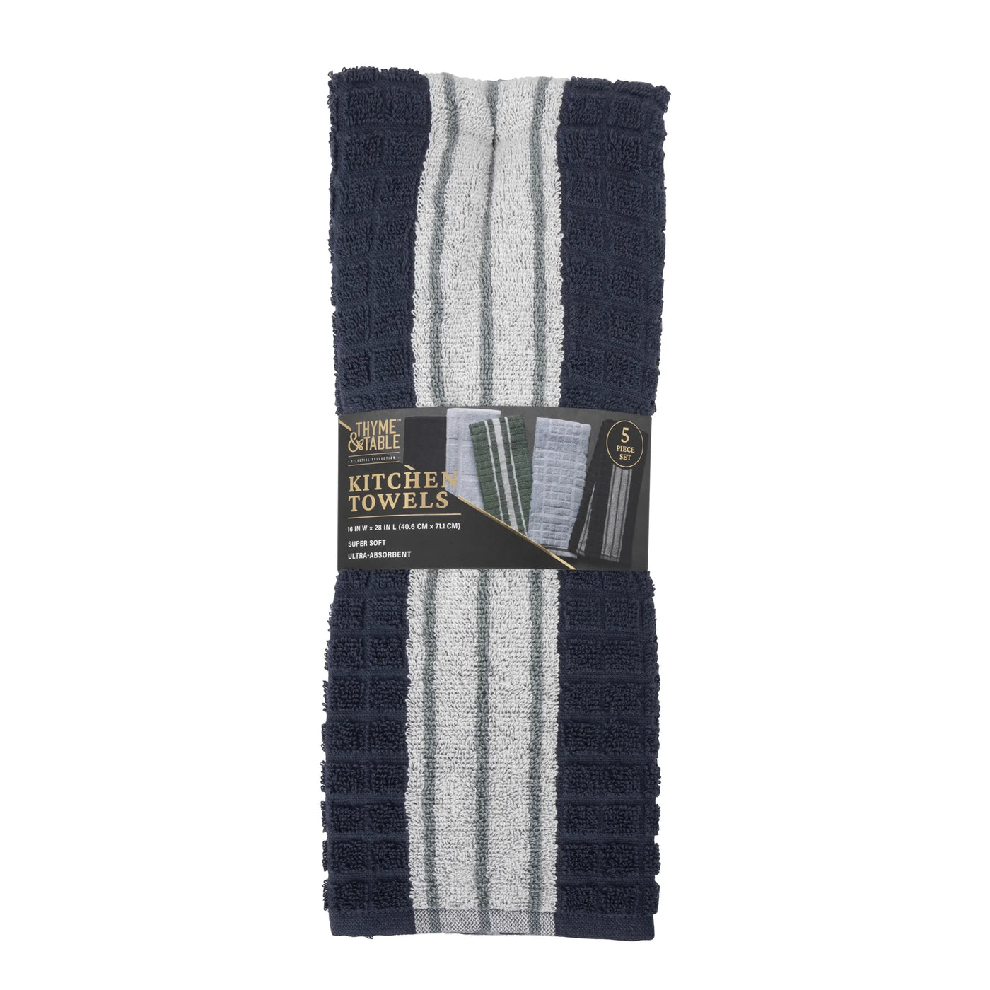 5-Pack Kitchen Towels, Navy, Green, and White Cotton Set, for Drying Dishes, Wiping Counters and Everyday Kitchen Cleaning