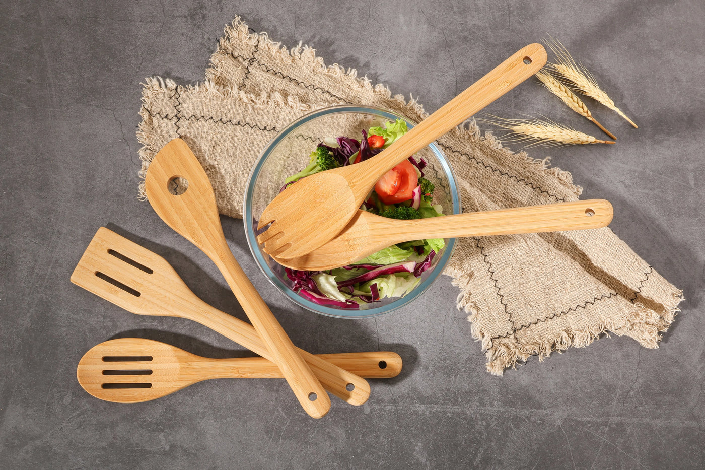 5pk Bamboo Spoons for Cooking, Kitchen Essential Tools Set, for Cooking, Mixing, Serving and Nonstick Cookware