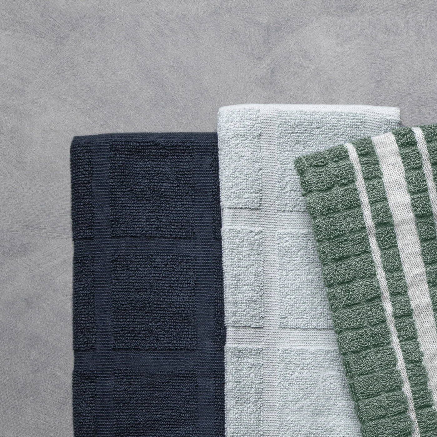 5-Pack Kitchen Towels, Navy, Green, and White Cotton Set, for Drying Dishes, Wiping Counters and Everyday Kitchen Cleaning