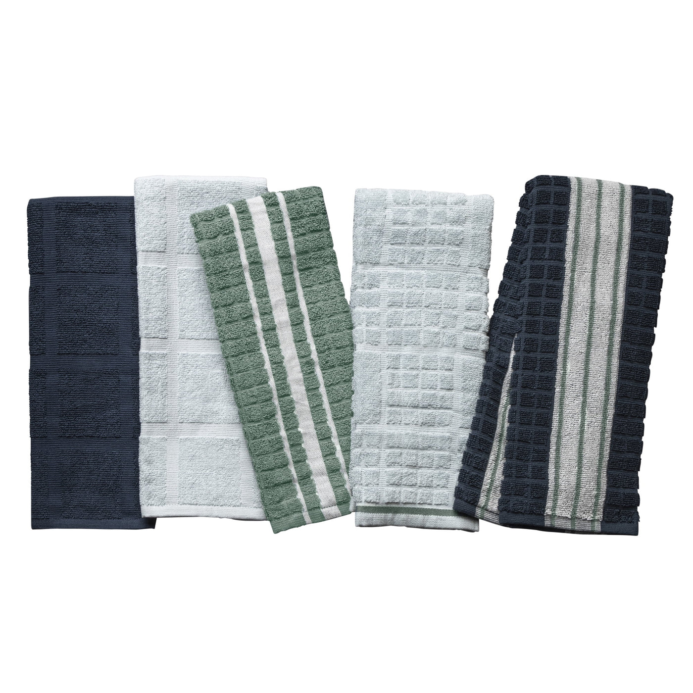 5-Pack Kitchen Towels, Navy, Green, and White Cotton Set, for Drying Dishes, Wiping Counters and Everyday Kitchen Cleaning
