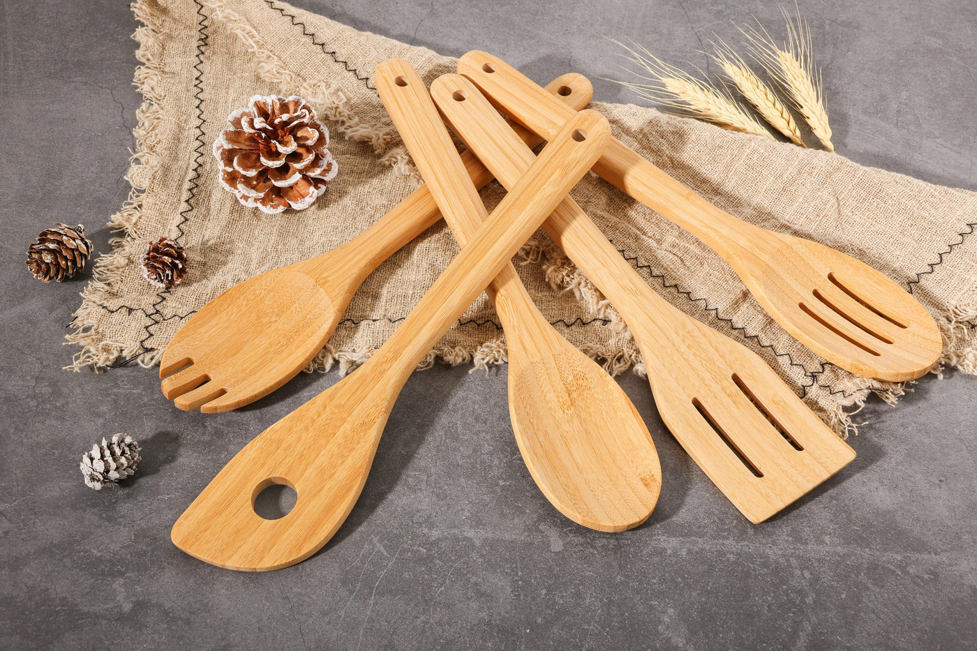 5pk Bamboo Spoons for Cooking, Kitchen Essential Tools Set, for Cooking, Mixing, Serving and Nonstick Cookware