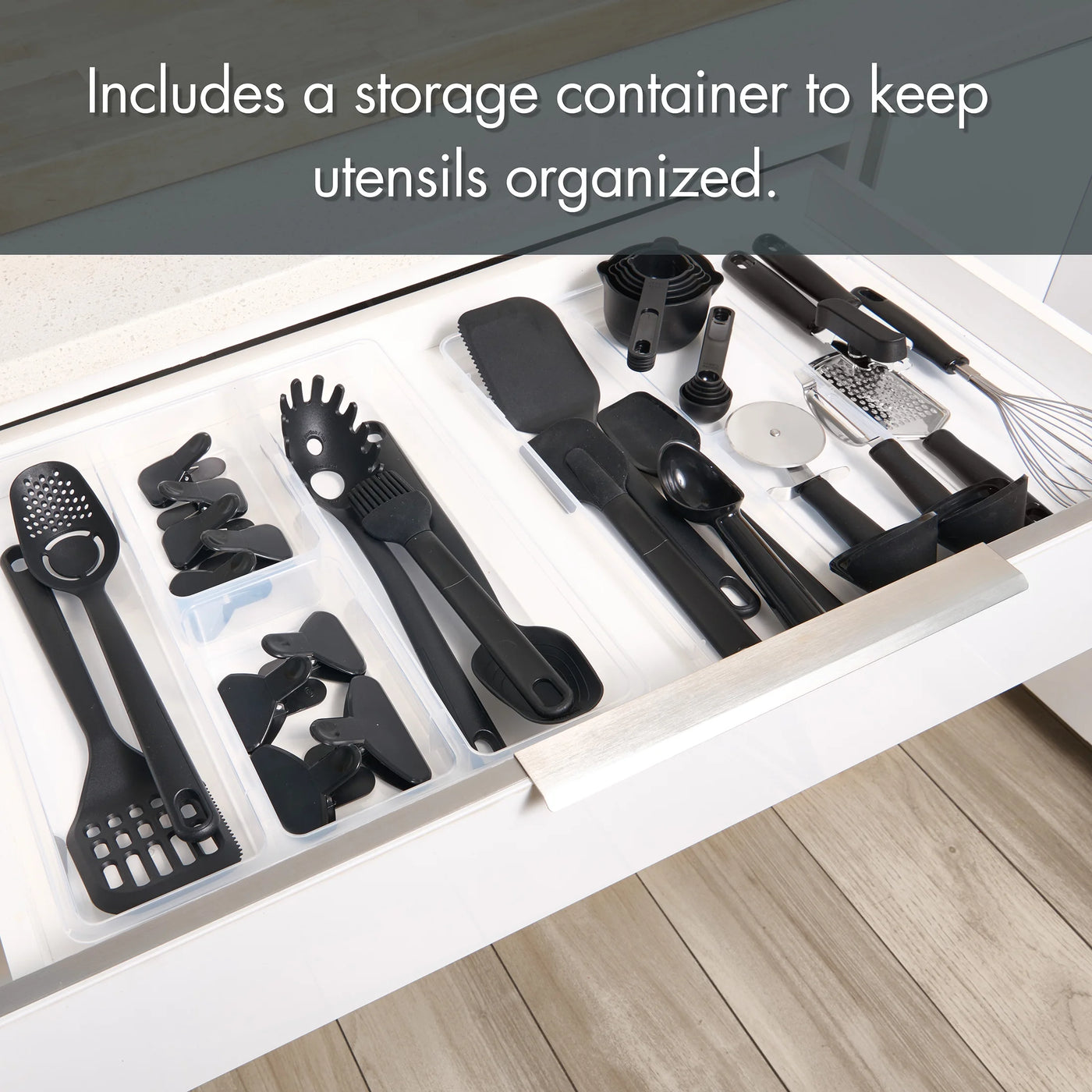 36-Piece Kitchen Gadget Set with Kitchen Cooking Utensils, and Drawer Organizer, Black, for Cooking, Mixing, Serving and Nonstick Cookware