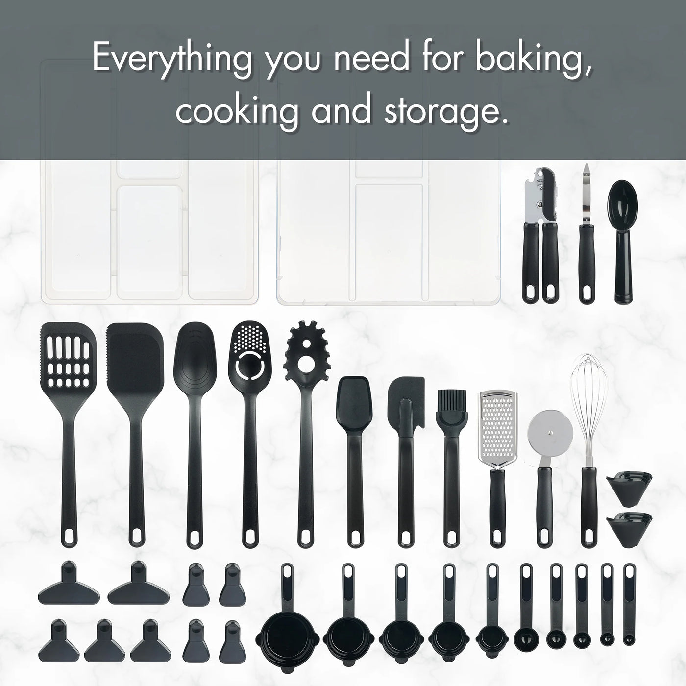 36-Piece Kitchen Gadget Set with Kitchen Cooking Utensils, and Drawer Organizer, Black, for Cooking, Mixing, Serving and Nonstick Cookware