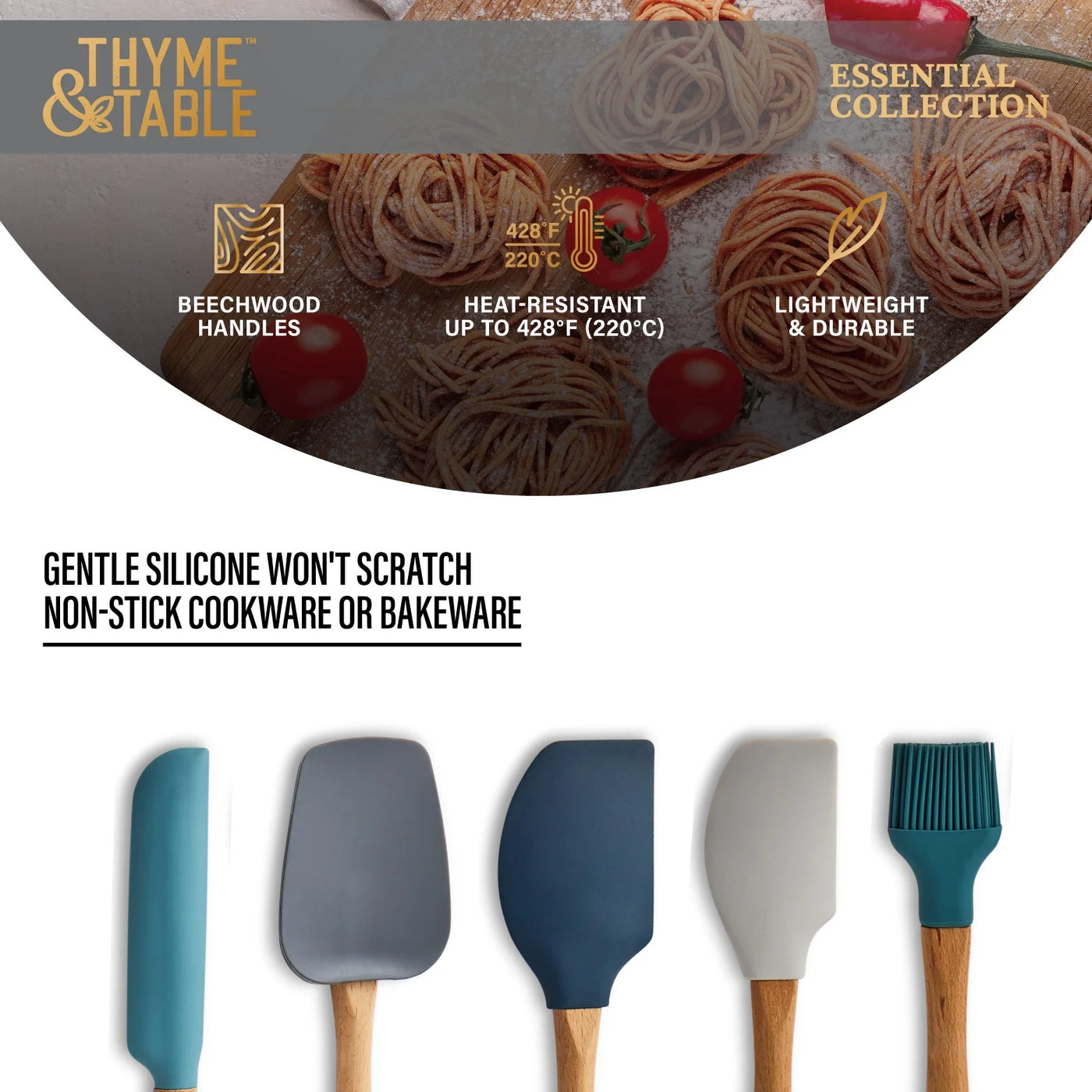 5-Piece Silicone Kitchen Utensil Set with Beechwood Handles, for Cooking, Mixing, Serving and Nonstick Cookware