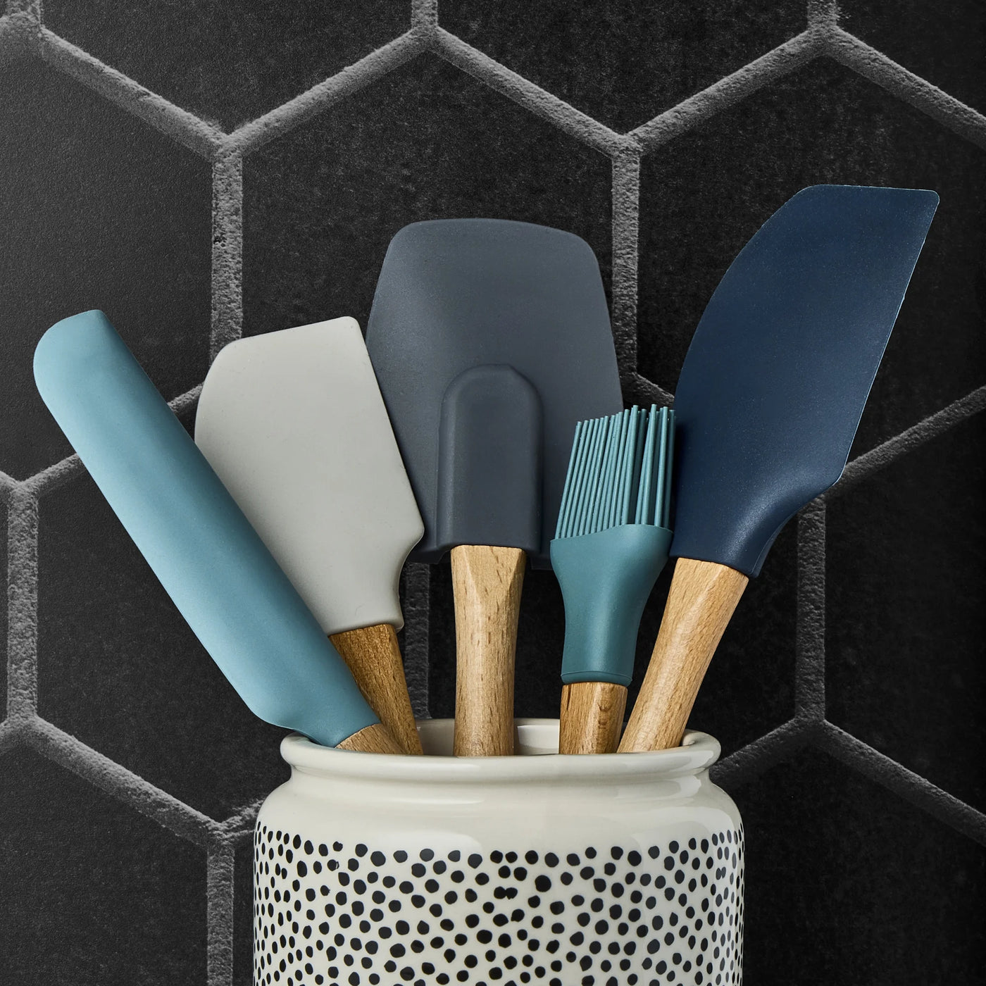 5-Piece Silicone Kitchen Utensil Set with Beechwood Handles, for Cooking, Mixing, Serving and Nonstick Cookware