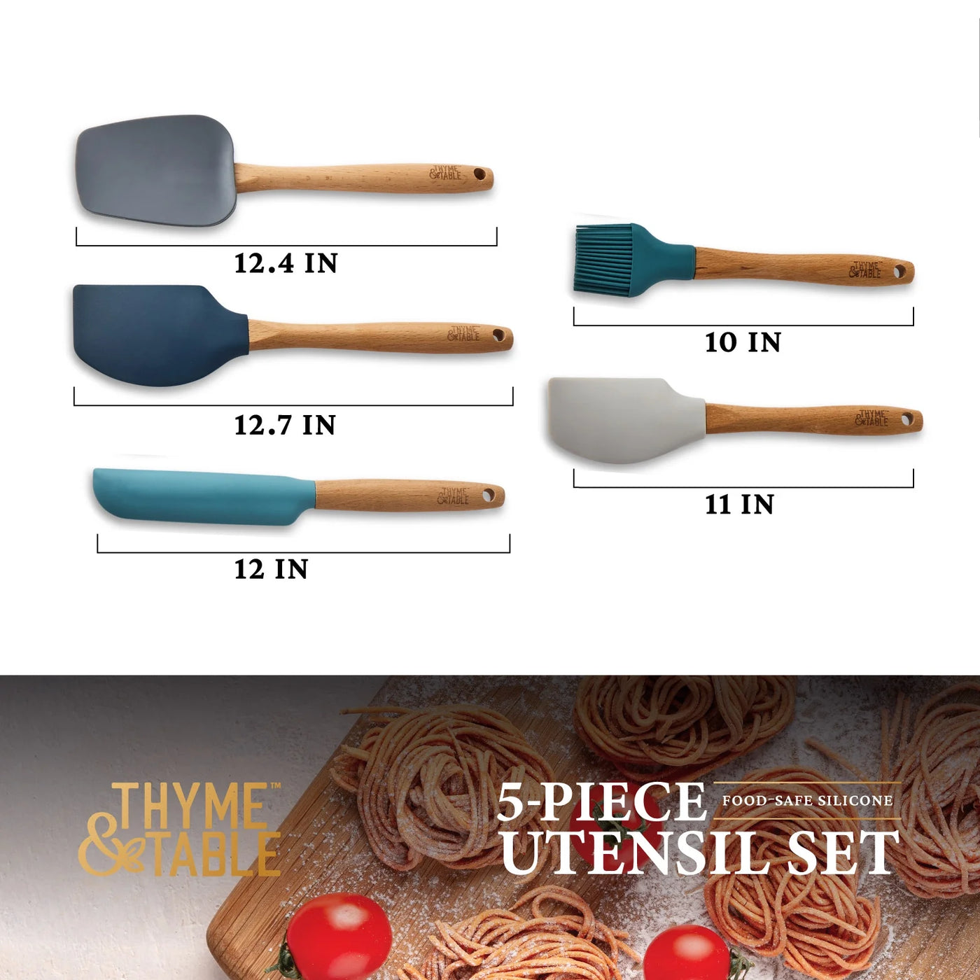 5-Piece Silicone Kitchen Utensil Set with Beechwood Handles, for Cooking, Mixing, Serving and Nonstick Cookware