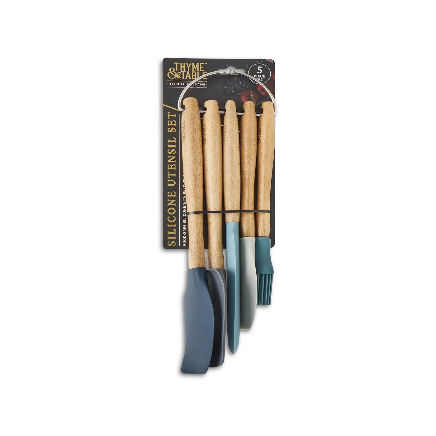 5-Piece Silicone Kitchen Utensil Set with Beechwood Handles, for Cooking, Mixing, Serving and Nonstick Cookware