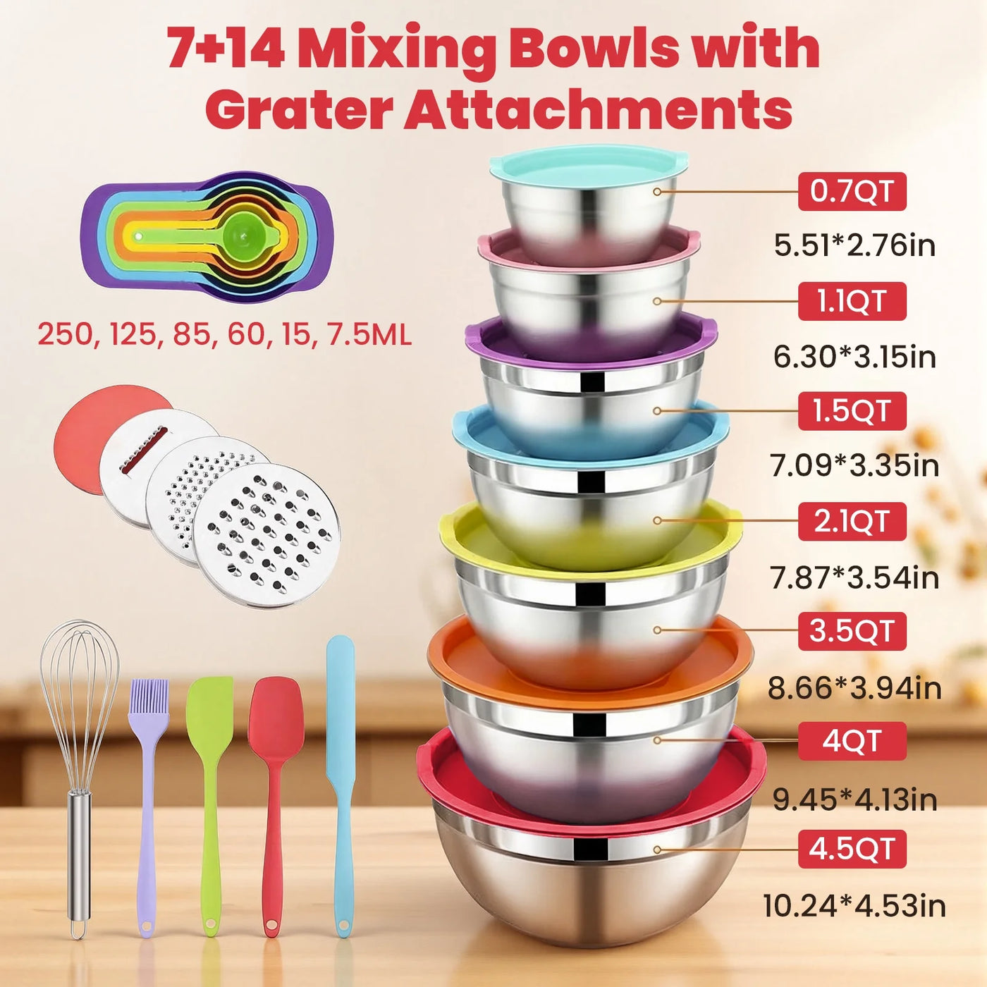 29-Piece Stainless Steel Mixing Bowls with Lids Set, with 3 Grater Attachments Size 4.5, 4, 3.5, 2.1, 1.5, 1.1, 0.7QT