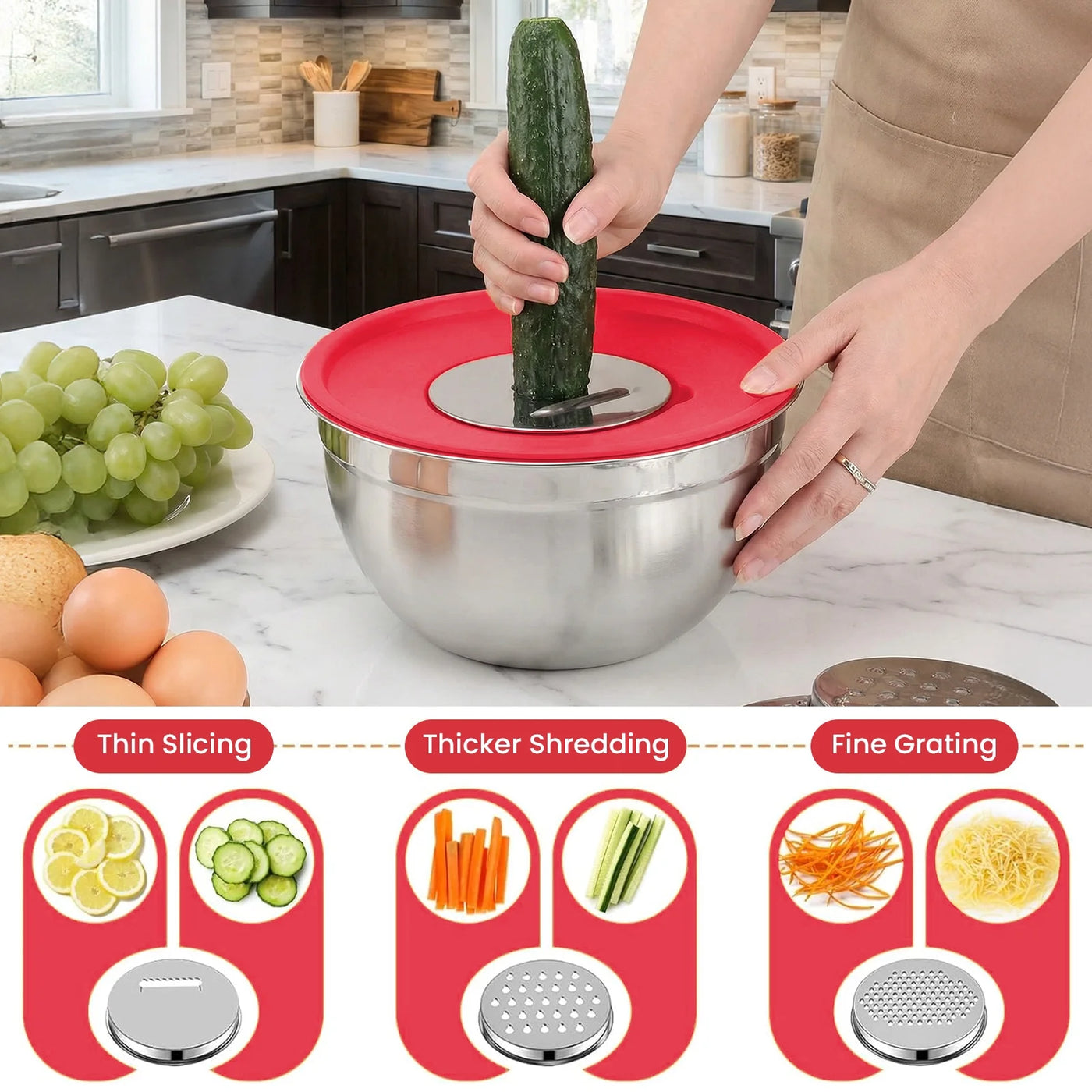 29-Piece Stainless Steel Mixing Bowls with Lids Set, with 3 Grater Attachments Size 4.5, 4, 3.5, 2.1, 1.5, 1.1, 0.7QT