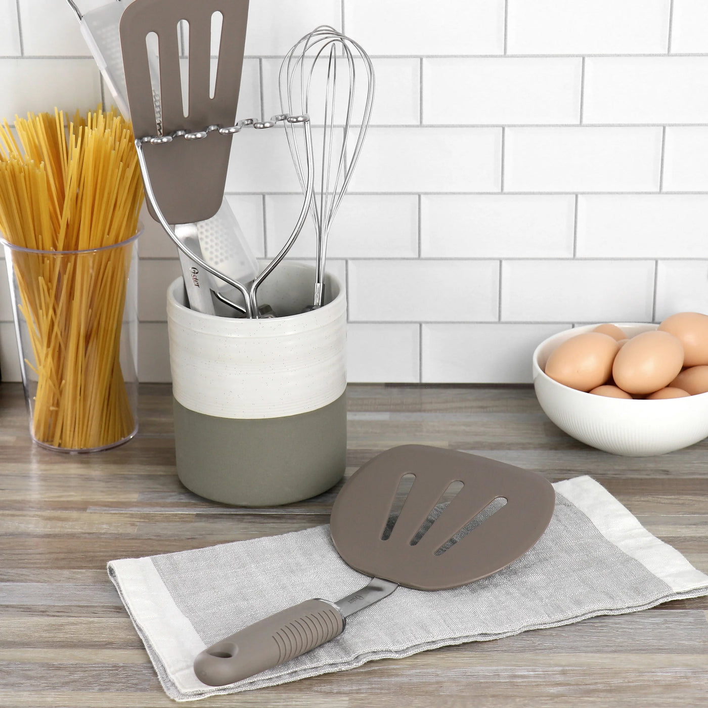 5-Piece Prep and Cook Kitchen Tool Set in Taupe, for Everyday Home Kitchen Cooking, Storage and Organization