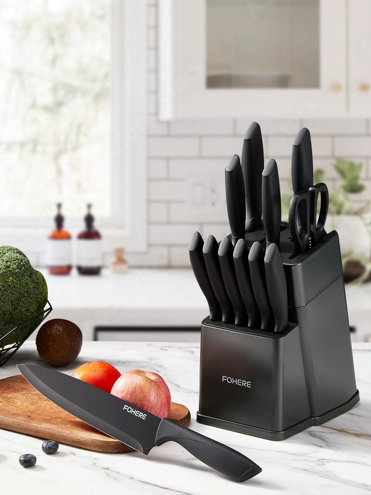Set, 13-Piece Self Sharpening Stainless Steel Kitchen Knife Set, Matte Gray, for Chopping, Slicing and Everyday Food Preparation