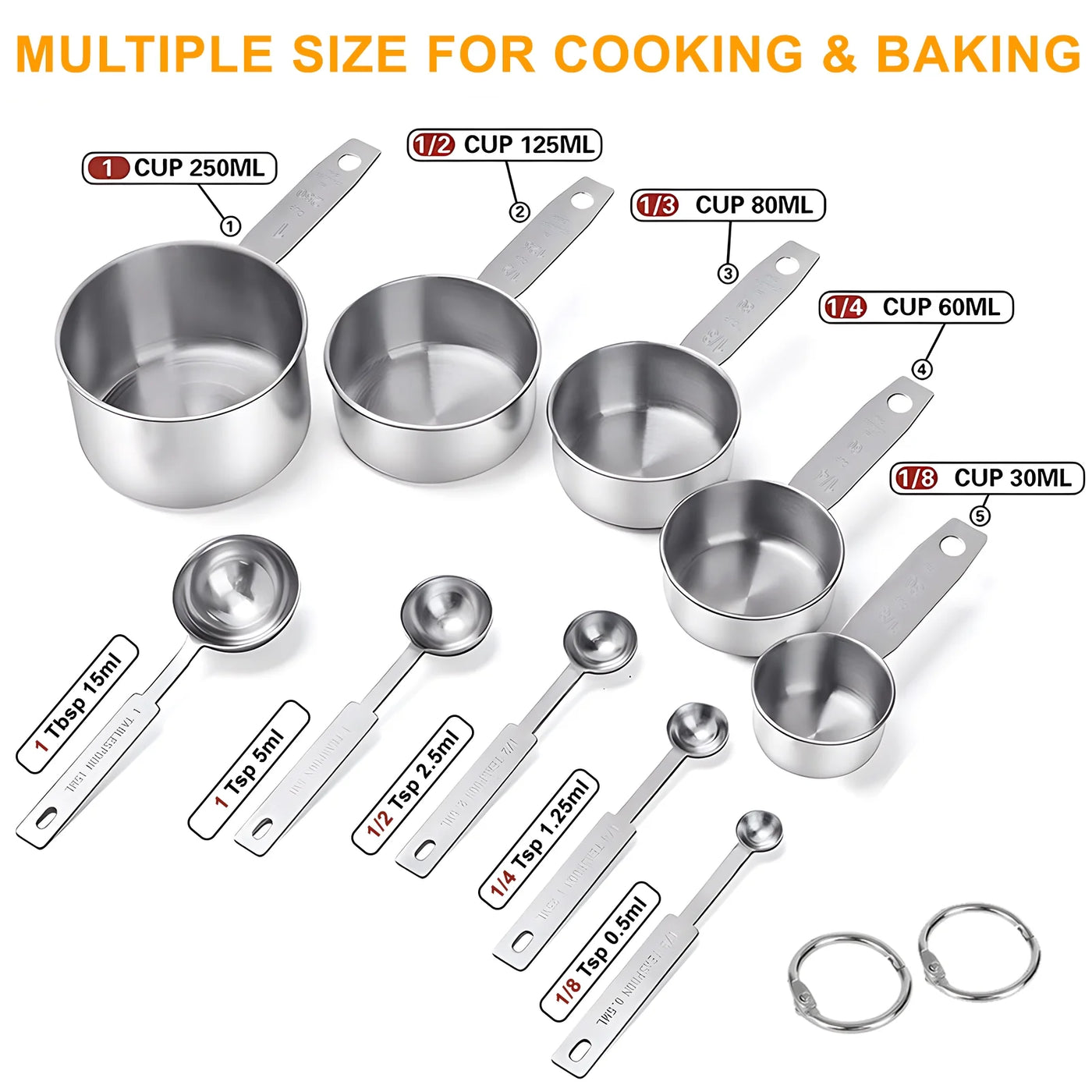 Measuring Cups and Spoons Set of 10, 5 Stainless Steel Cups and 5 Spoons for Kitchen Cooking Baking, for Cooking, Mixing