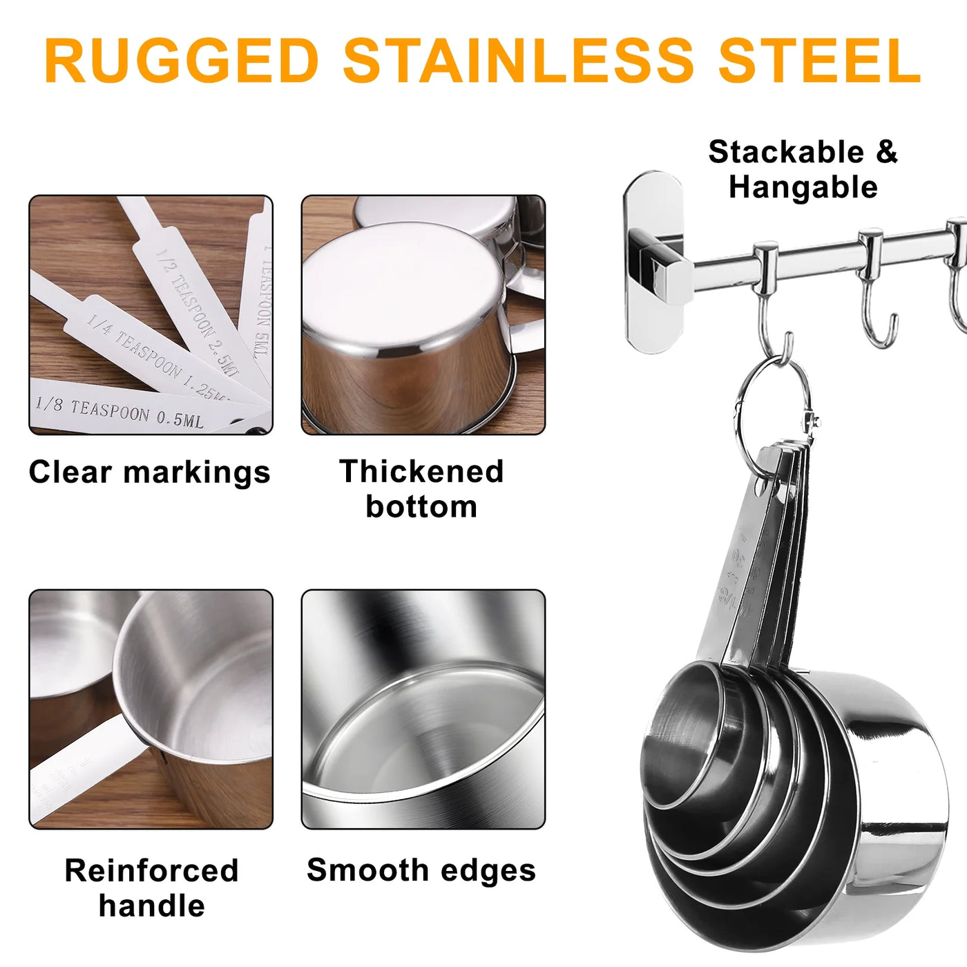 Measuring Cups and Spoons Set of 10, 5 Stainless Steel Cups and 5 Spoons for Kitchen Cooking Baking, for Cooking, Mixing
