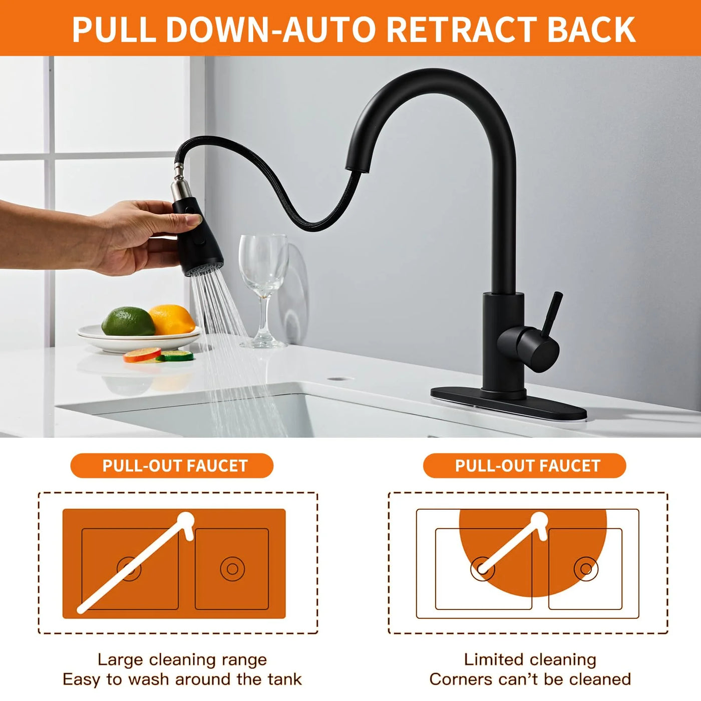 Black Kitchen Faucets, Waterfall Kitchen Sink Faucet, Commercial Utility Stainless Steel Kitchen Faucets