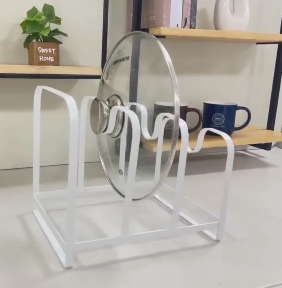 Metal Pot Lid Organizer Rack, U-shape Pan Lid Holder for Kitchen Cabinet, Countertop or Pantry Storage, White
