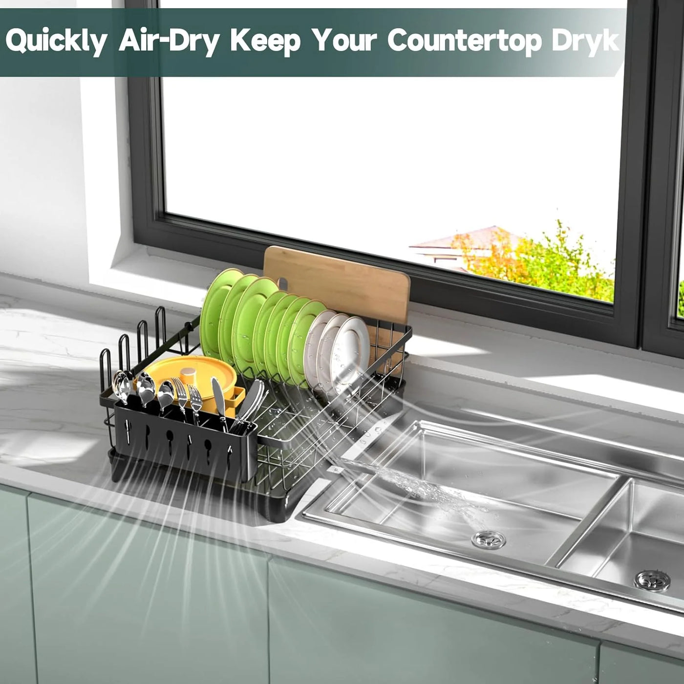 Dish Drying Rack, Kitchen Counter Stainless Steel Large 1 Tier Dish Drainer with Drainboard Over Sink for Cups, Knives, Spoons