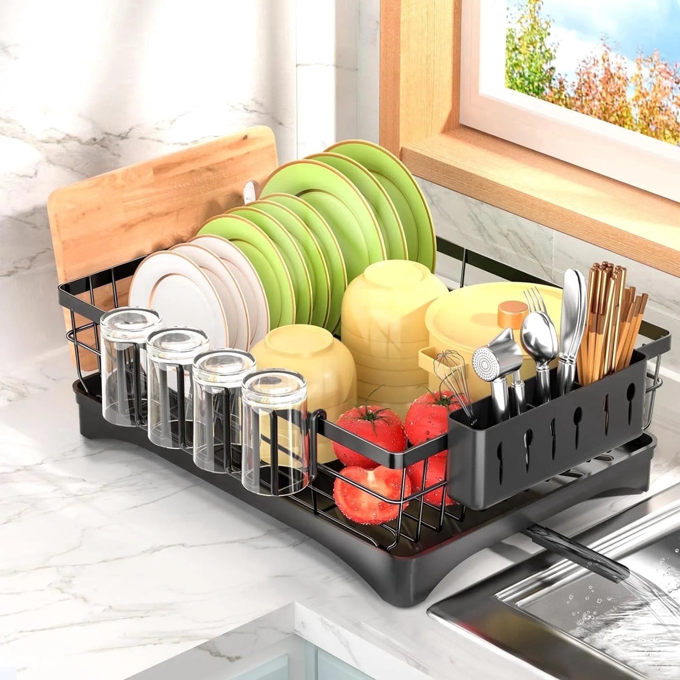Dish Drying Rack, Kitchen Counter Stainless Steel Large 1 Tier Dish Drainer with Drainboard Over Sink for Cups, Knives, Spoons