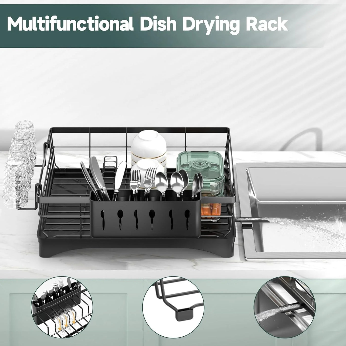 Dish Drying Rack, Kitchen Counter Stainless Steel Large 1 Tier Dish Drainer with Drainboard Over Sink for Cups, Knives, Spoons