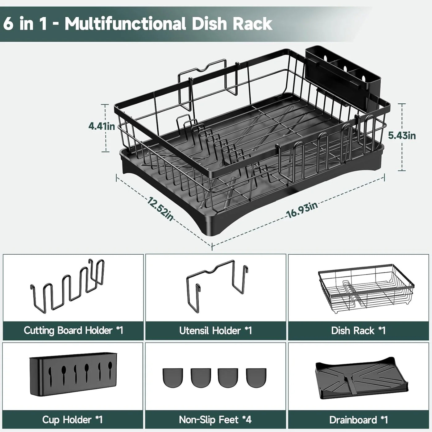 Dish Drying Rack, Kitchen Counter Stainless Steel Large 1 Tier Dish Drainer with Drainboard Over Sink for Cups, Knives, Spoons