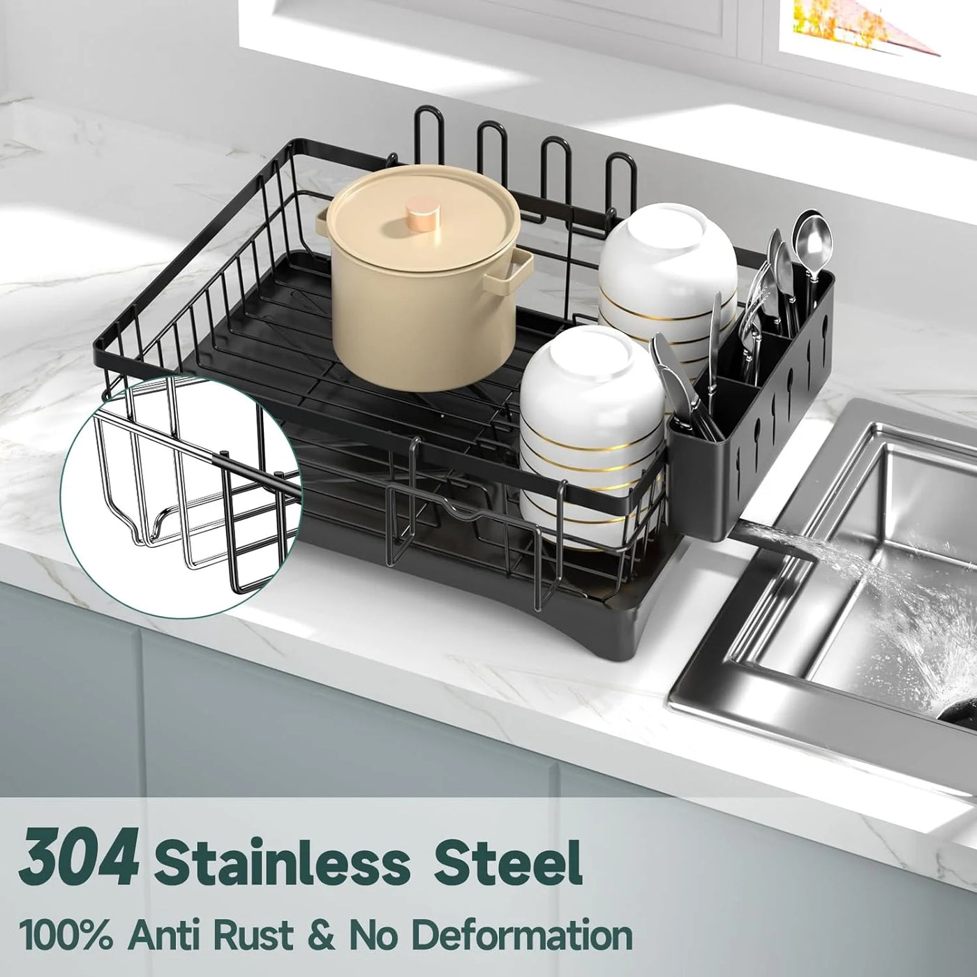 Dish Drying Rack, Kitchen Counter Stainless Steel Large 1 Tier Dish Drainer with Drainboard Over Sink for Cups, Knives, Spoons