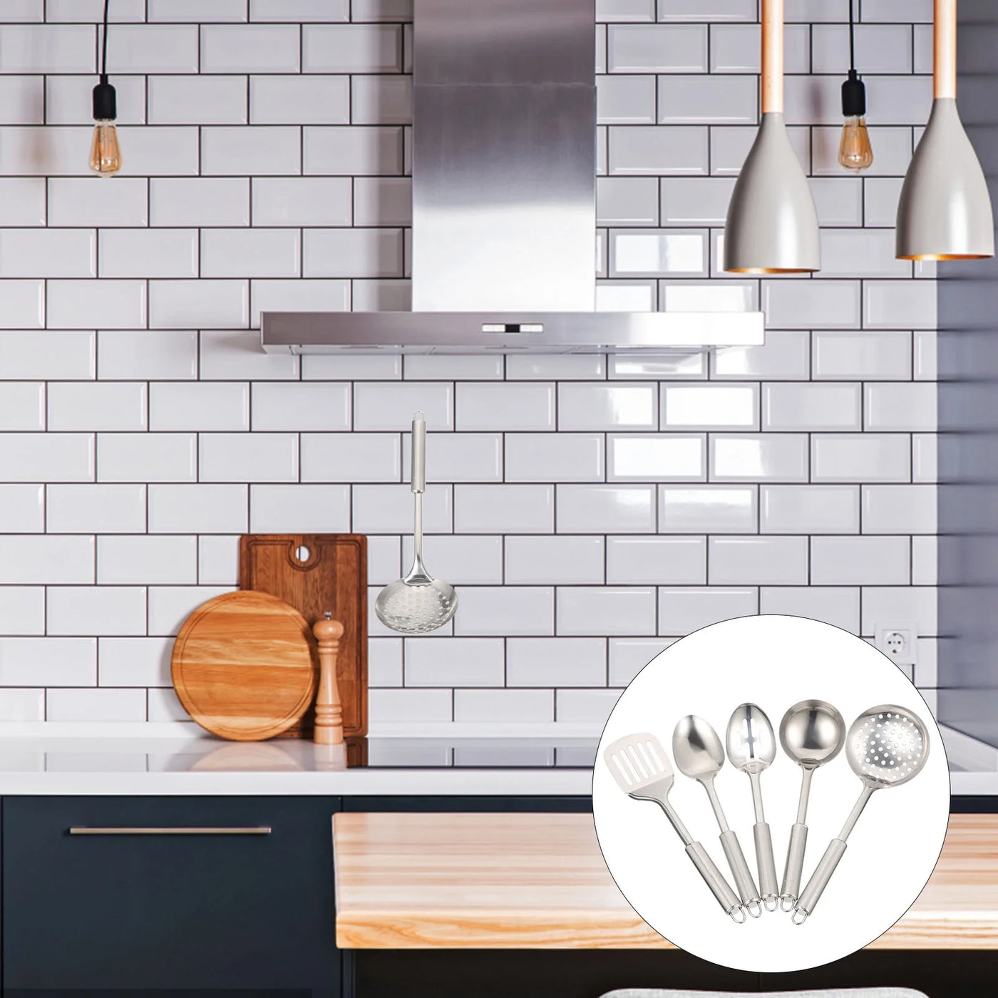 304 Stainless Steel Kitchen Utensil Set, 5-Piece, Ergonomic Stay-cool Hollow Handles, Dishwasher Safe, Silver