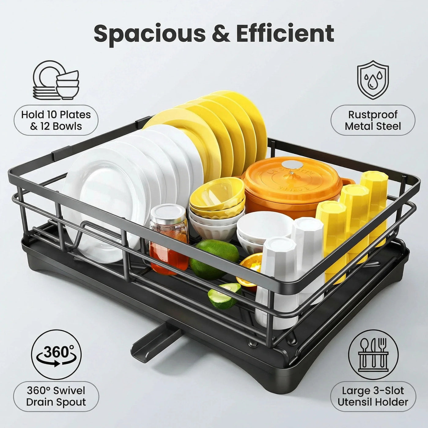 Metal Dish Rack with Utensil Holder and Drainboard, Anti-rust Kitchen Organizer, Black, for Cooking, Mixing, Serving and Nonstick Cookware