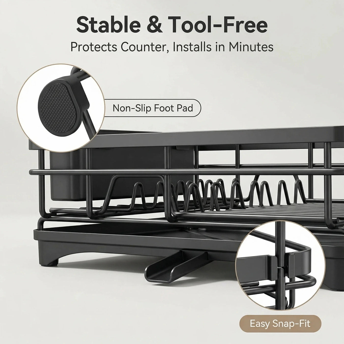 Metal Dish Rack with Utensil Holder and Drainboard, Anti-rust Kitchen Organizer, Black, for Cooking, Mixing, Serving and Nonstick Cookware