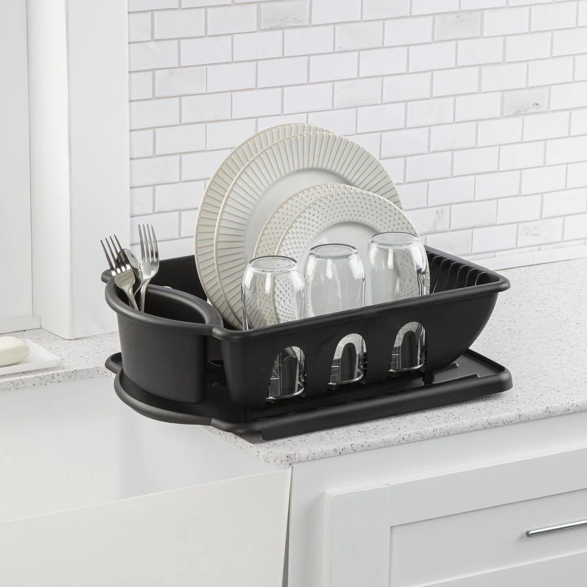 Dish Drying Rack, Heavy Duty Hard Plastic Drying Rack, Dish Drainer for Kitchen Counter with Drainboard Set, with Silverware Holder