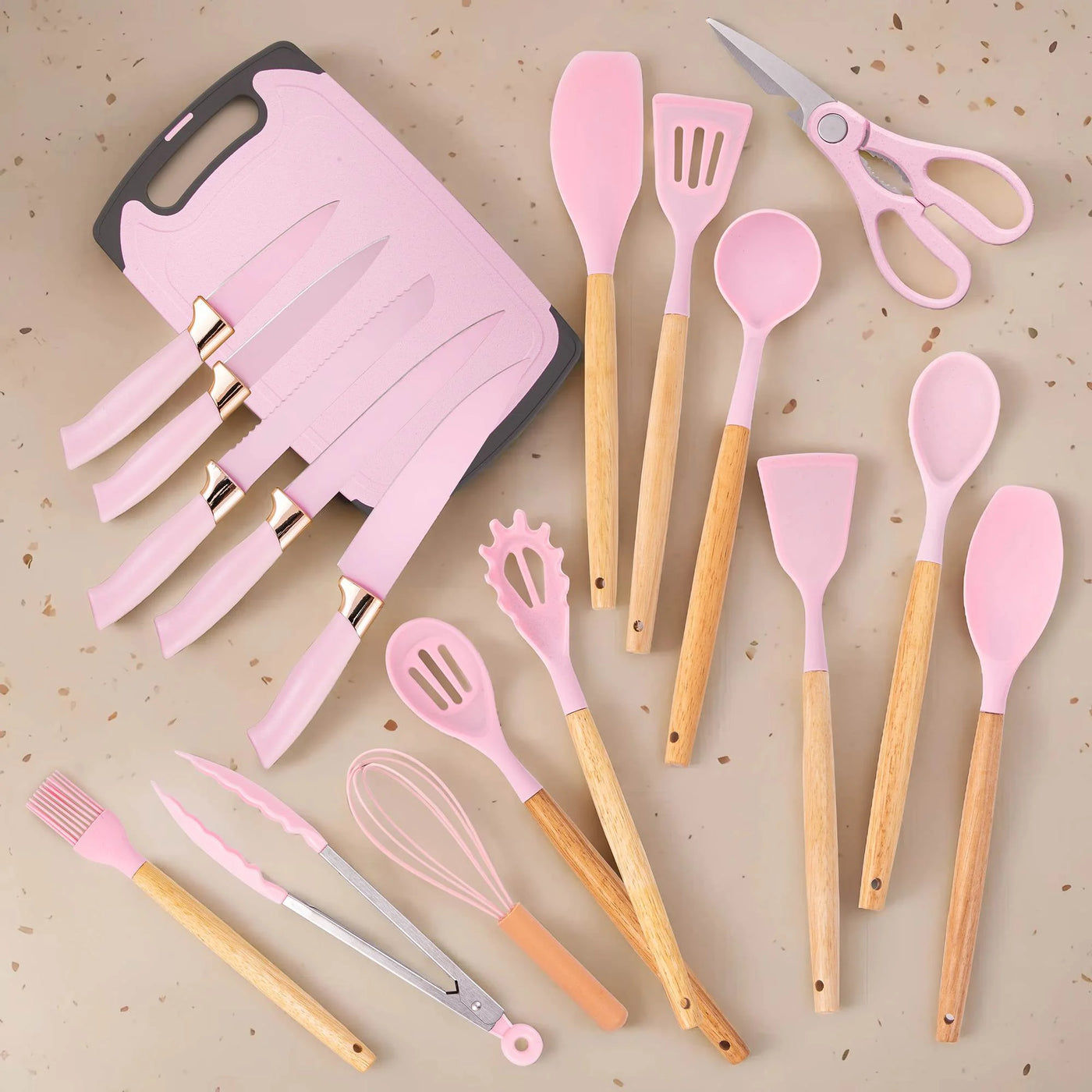 Heesem 19-Piece Silicone Kitchen Utensil and Knife Set, Heat-resistant Cooking Tools Nonstick Safe Gift for Mom or Women Pink