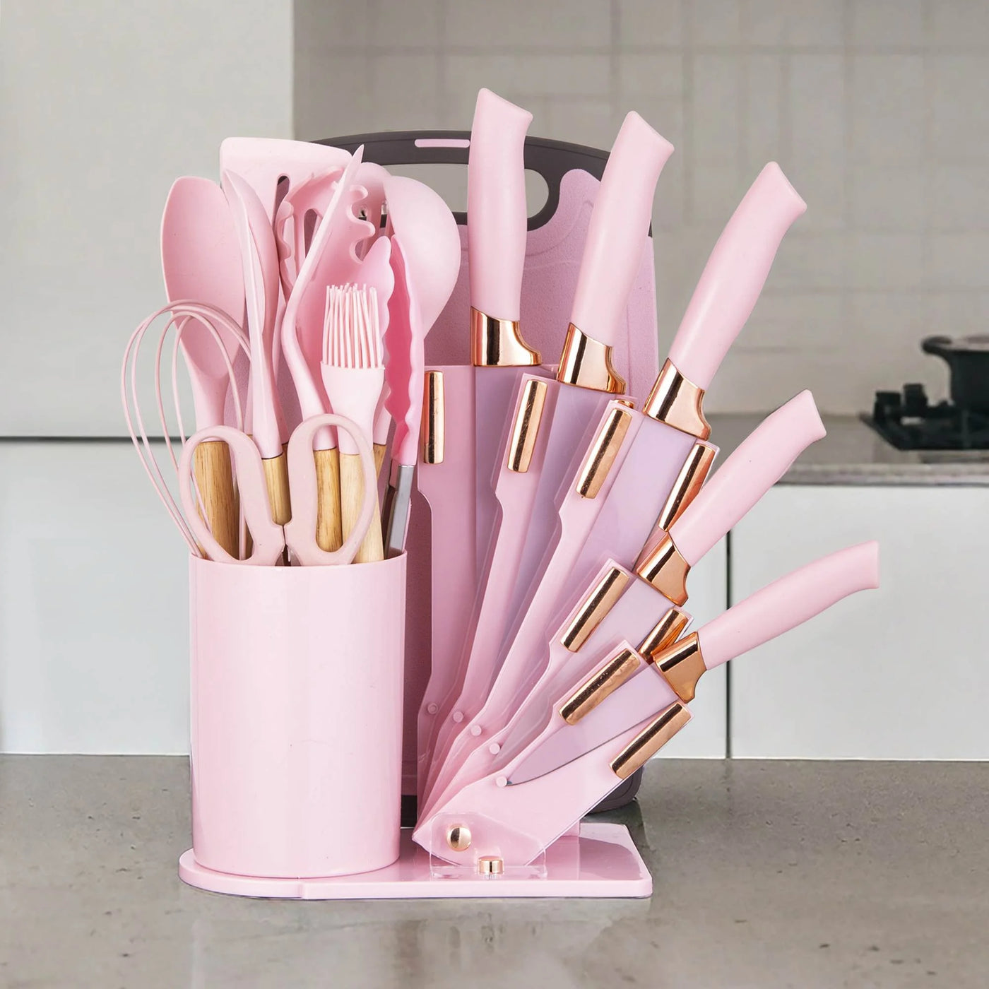 Heesem 19-Piece Silicone Kitchen Utensil and Knife Set, Heat-resistant Cooking Tools Nonstick Safe Gift for Mom or Women Pink