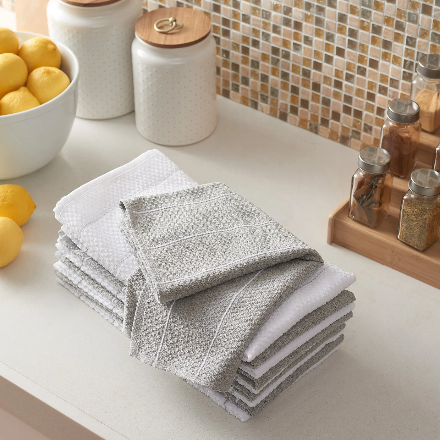 Dobby Rice Weave Kitchen Towels, 15” X 25”, Set of 10, Soft Silver, for Drying Dishes, Wiping Counters and Everyday Kitchen Cleaning