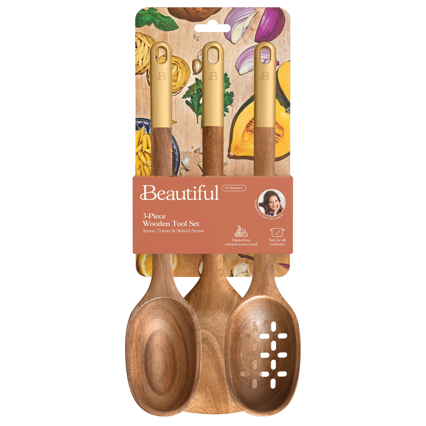 Beautiful 3-Piece Wood Kitchen Utensil Set By, for Cooking, Mixing, Serving and Nonstick Cookware, Durable Design for Daily Home Use