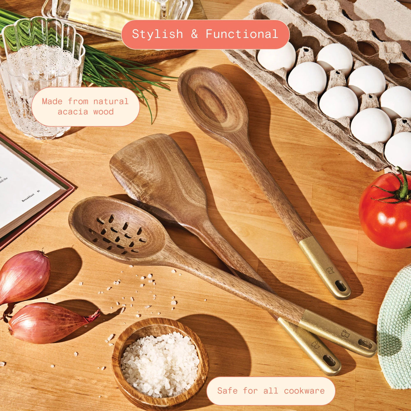 Beautiful 3-Piece Wood Kitchen Utensil Set By, for Cooking, Mixing, Serving and Nonstick Cookware, Durable Design for Daily Home Use