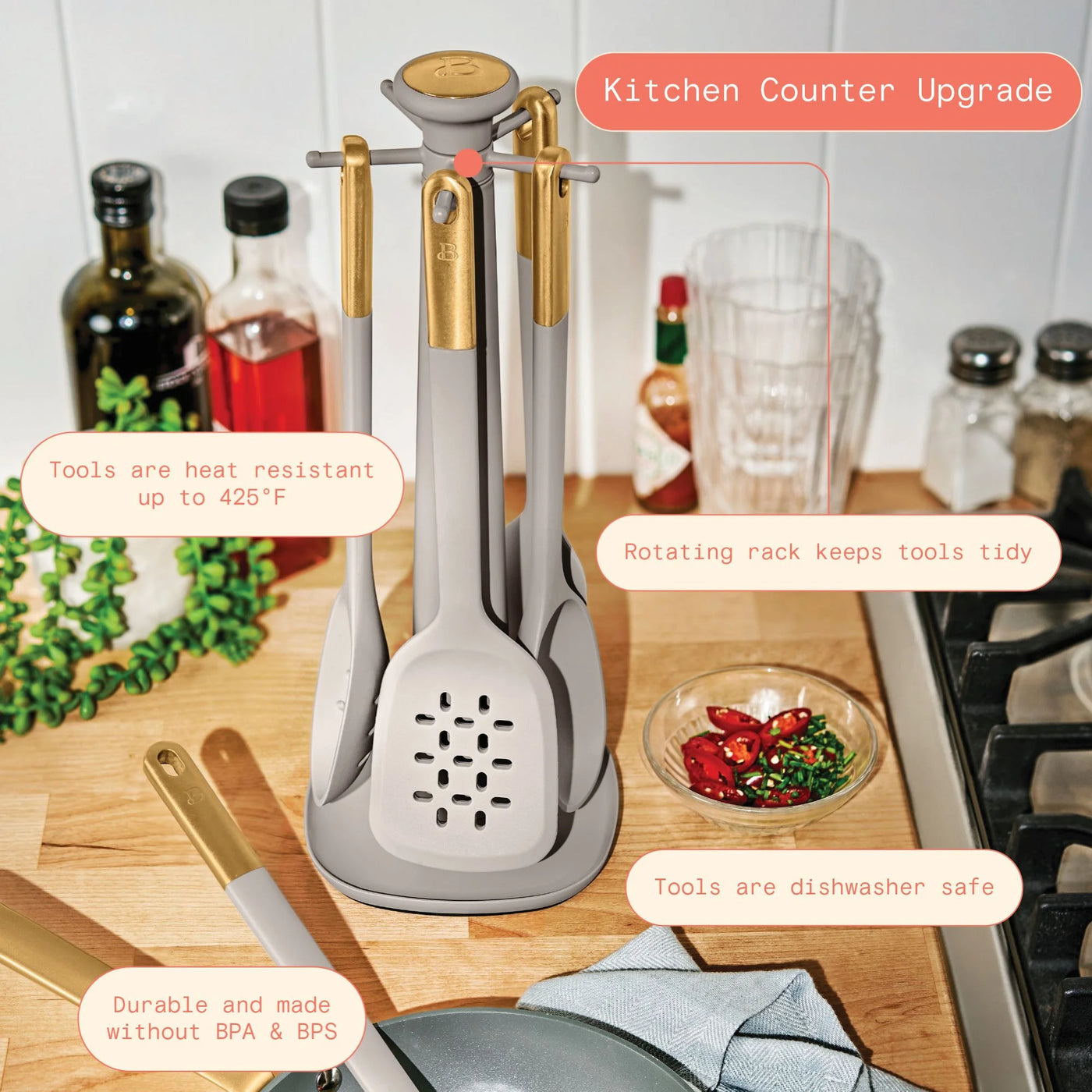 Beautiful 6-Piece Silicone Kitchen Utensil Tool Set with Rotating Rack By, Porcini Taupe, for Cooking, Mixing, Serving and Nonstick Cookware